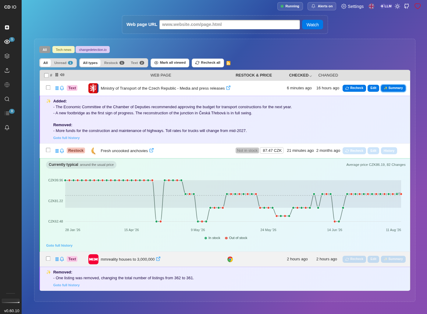 Capture d’écran de changedetection.io
